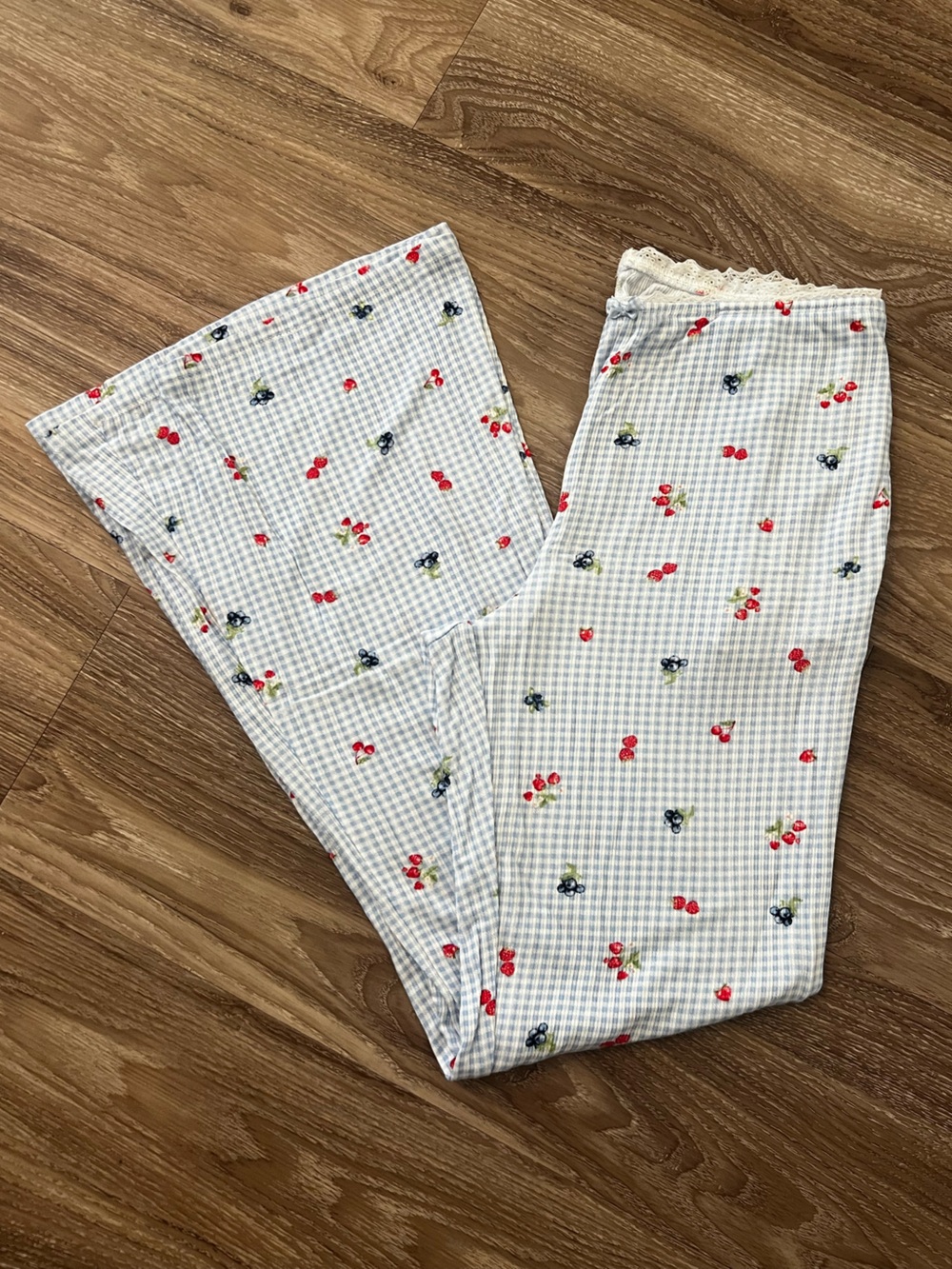 Primark Cherry Blue Striped lace trim pajama pj bottoms size small